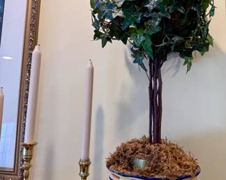 Brass candlesticks and hand painted planters with faux topiary