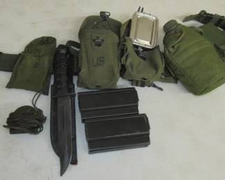 Military Belt, Knife, & Supplies