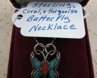 Sterling, Coral & Turquoise Butterfly Necklace