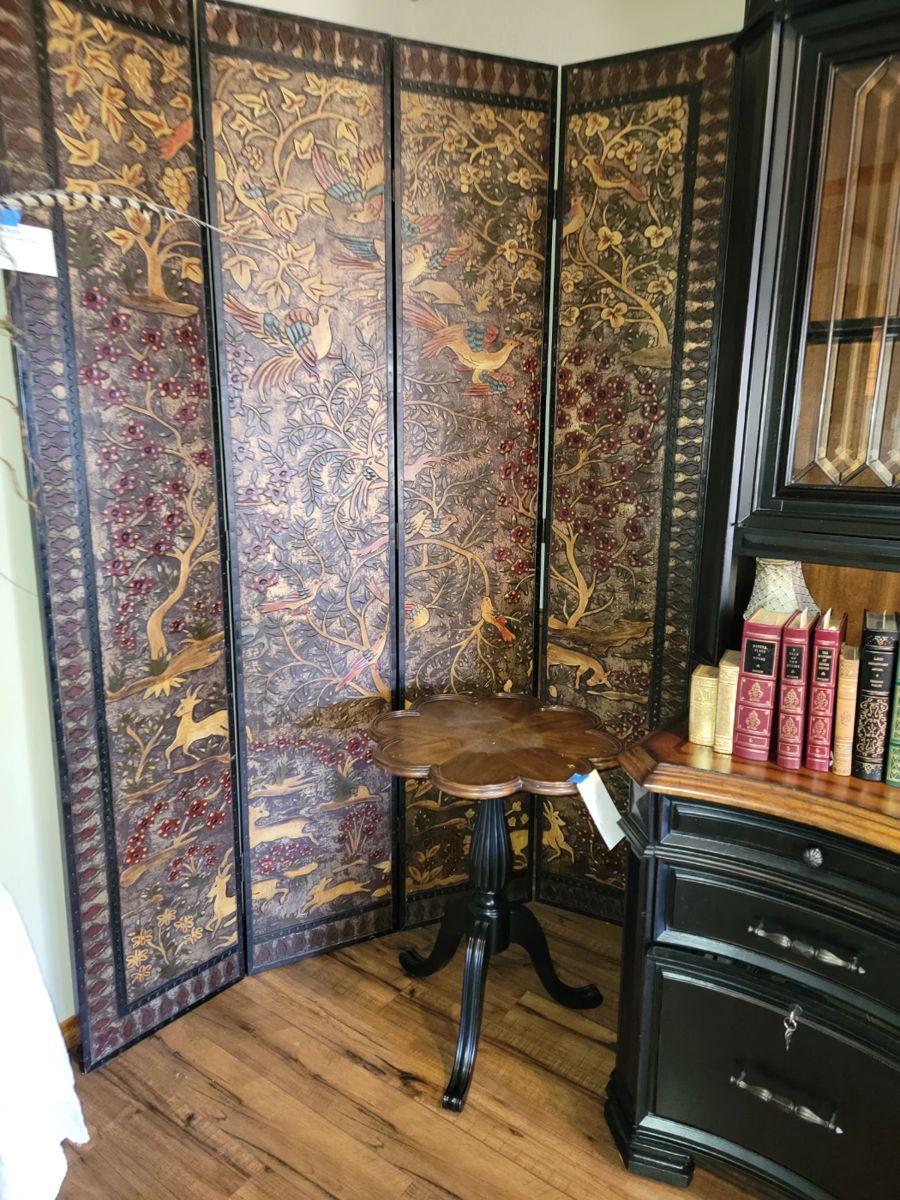 Large decorative room divider - clover top side table - Eaton Press Leather bound books