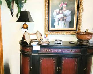 Painted buffet console with oodles of storage below framed photo of Aunt Monkey and cousin baby monkey ;)