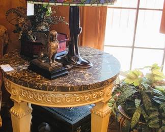 Marble top side table, Tiffany style parlor lamp,  and unique decor items including a Big Boy Bank