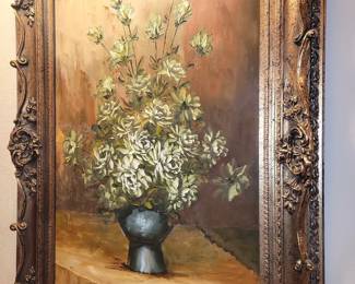 Large original floral art in elaborate frame