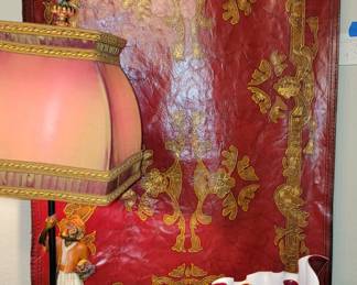 Leather wall "tapestry", Moreno Glass vase, and Monkey lamp