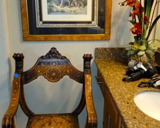 Unique inlaid wood chair - Elephant print and floral decor