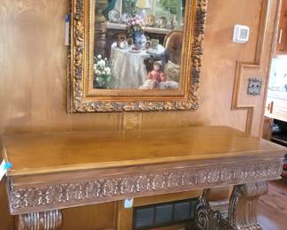 Carved entry table / buffet - original framed art