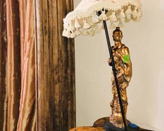 Tall decorative column, clover leaf side table and Geisha lamp