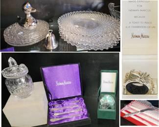 Neiman Marcus gift Items: crystal platters, Silver Duck, Wine Ring, spreaders and jam jar