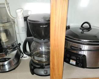 Kitchen appliances: Cuisinart chopper, hand blender, coffee maker and crock pot