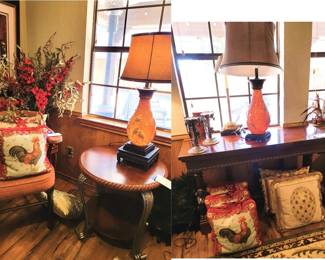 Embroidered throw pillows, round side table, unique lamp pair and carved wood smaller console table