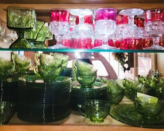 Cranberry glass goblets - Green sandwich glass dinnerware set