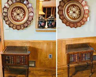 "Library Book", leather top side tables and pair of large platters