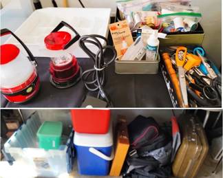 Sewing Supplies, lanterns, luggage and coolers
