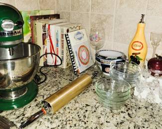 KitchenAid green mixer, cookbooks