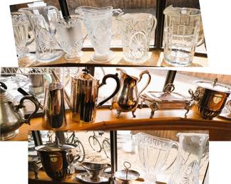 Pitchers: glass, copper, and crystal