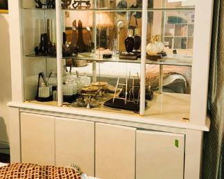 Lacquer Display cabinet - carved figurine and plate stands 