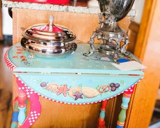 Colorful painted table, Coffee urn and server