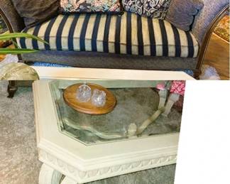 Down filled custom sofa, Ivory carved coffee table