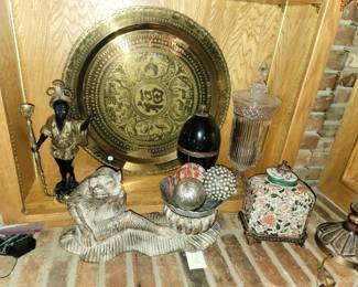 Brass platter, glass apothecary jar, ginger jar, brass-bronze figurine and monkey vase