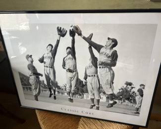 Classic 42 Chicago Cubs in Spring Training, baseball mgr Jimmy Wilson watches as Stan Hack, Billy Herman and Phil Cavaretta jump to catch a ball during spring training, Santa Catalina Island CA