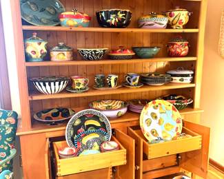 Gorgeous collection of Droll Designs hand painted ceramics and farmhouse hutch 