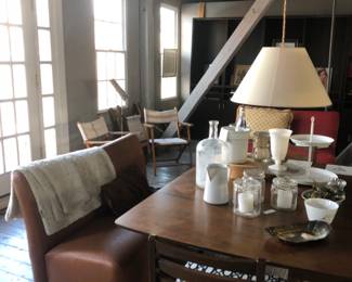 midcentury mod table and chairs, good glassware and china.