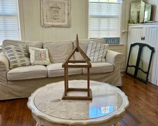 Ikea Sofa and Round Coffee Table with Marble Top