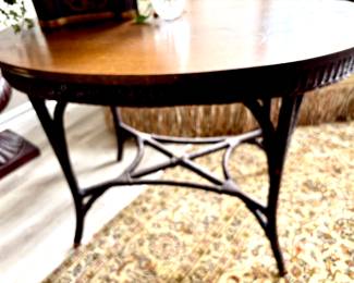 Rattan Base, Wicker Trim, Oval Table With Oak Top