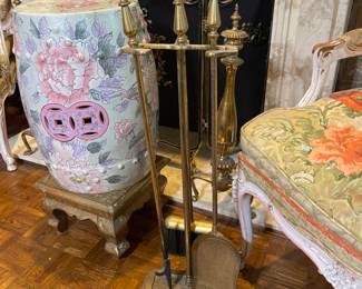 fireplace tools and garden seat