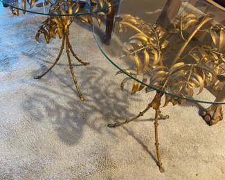 hollywood regency gilt glass top tables pair