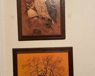 Vintage Screech Owls Richard Hinger Print Wall Art & Rare Gare Barks Tree of Life Print framed 1970's