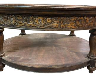 Carved Wood Glass Round Coffee Table