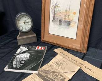 CT624Framed Artwork of Ship With Newspaper Clipping and More
