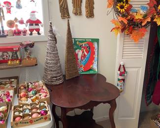 Four Leaf Clover Occasional Table, Lighted Christmas Trees and Vintage Wooden Three Kings
