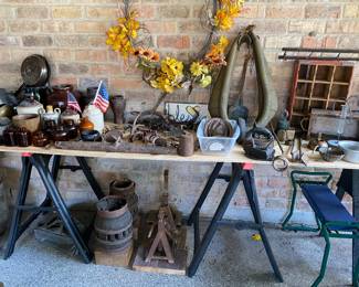 Stoneware, Wagon Wheel Hubs And More Iron Items