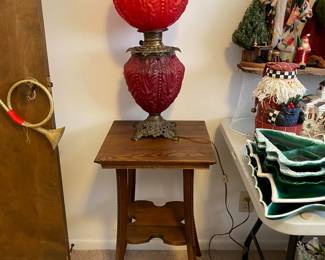 Victorian Beaded Drape Electrified Lamp, Oak Stand