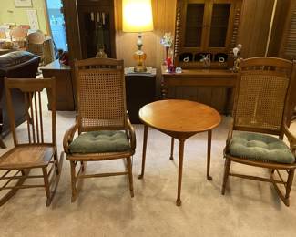 Sweet Kitchen Rocker, Cane Seat and Back Rocking Chairs, Nichols & Stone Round Occasional Table