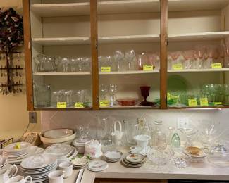 There are several Sets of Fine Crystal To Choose from: Tiffin Franciscan Crystal, Vaseline Glass, Glastonbury Lotus Crystal, Buttercup Crystal By Fostoria, Tiffin Franciscan Woodstock Crystal Plus Federal Ironstone Dishes.  