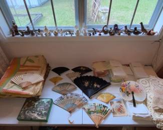 Bird Collection In the Window, Antique Hand Fans, Linens And Quilts