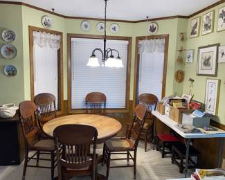 Dining Table, Six Antique Cane Seat Chairs, Bird Plate Collection, Vintage Magazines, Victoria Memorabilia, Texas Highways Magazines