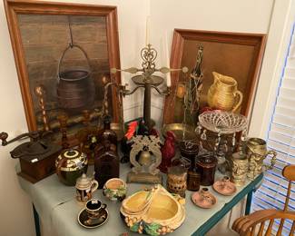 Brass Scales, Antique Coffee Grinder, Warner's Safe Kidney And Liver Cure Bottle, Brass Toby Style Mugs, Folk Art And More 