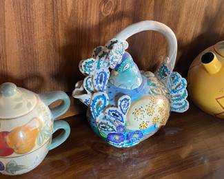 Cat and Rooster Themed Teapots (Heather Goldminc Blue Sky Teapot)