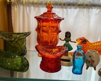Assorted Green and Amberina Glass Items