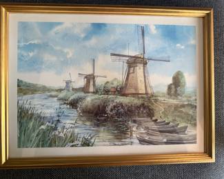 Dutch Windmill Print Kinderdijk Netherlands, signed and professionally framed BUY IT NOW $60