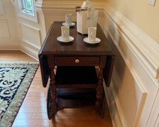 Antique Ethan Allen Old Tavern Pine Dropleaf Bar Cart/ Server Dimensions:  22"by 32" and 30" tall.
40" by 32" with leaves extended 