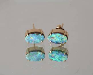 14kt yellow gold Boulder Opal pierced Earrings with fantastic oval prong set opals approx 2ct each with blue & green amazing pinfire earrings, 2.55 grams total weight, High Quality & Retail Value