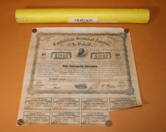 $1000 Confederate States of America Loan February 20, 1865 Civil War Coupon, picture of Stonewall Jackson