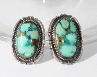.925 Sterling Native American Designer hallmarked large tourquoise pierced earrings hallmarked with the letter D and Signed Sterling, probably Navajo, Fantastic matrix through out stones, very nice, 21.8 grams approx 1.25" in length x .75" wide