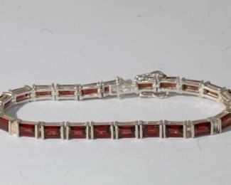 .925 Sterling & Garnet Bracelet with emerald cut garnets approx 7" in length ending in hidden box clasp with double safety locks, designer hallmarked marked 925, Thailand, 16.0 grams total weight