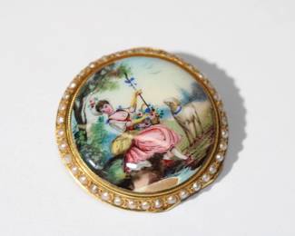 14kt Watch cover converted to pin outlined bead pearls w/ Lady & Sheep